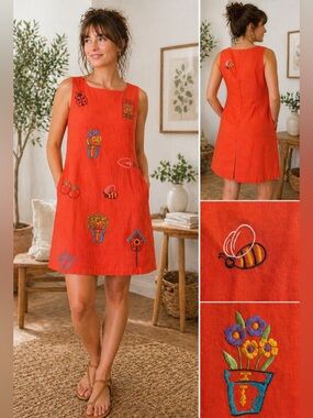 Betsy’s Things Orange Linen Embroidered Garden Dress Size 8 Cottagecore Vintage